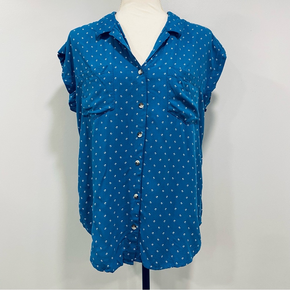 JACHS S Blue Girlfriend Short Sleeve Floral Button Up Blouse Coastal Beach Party